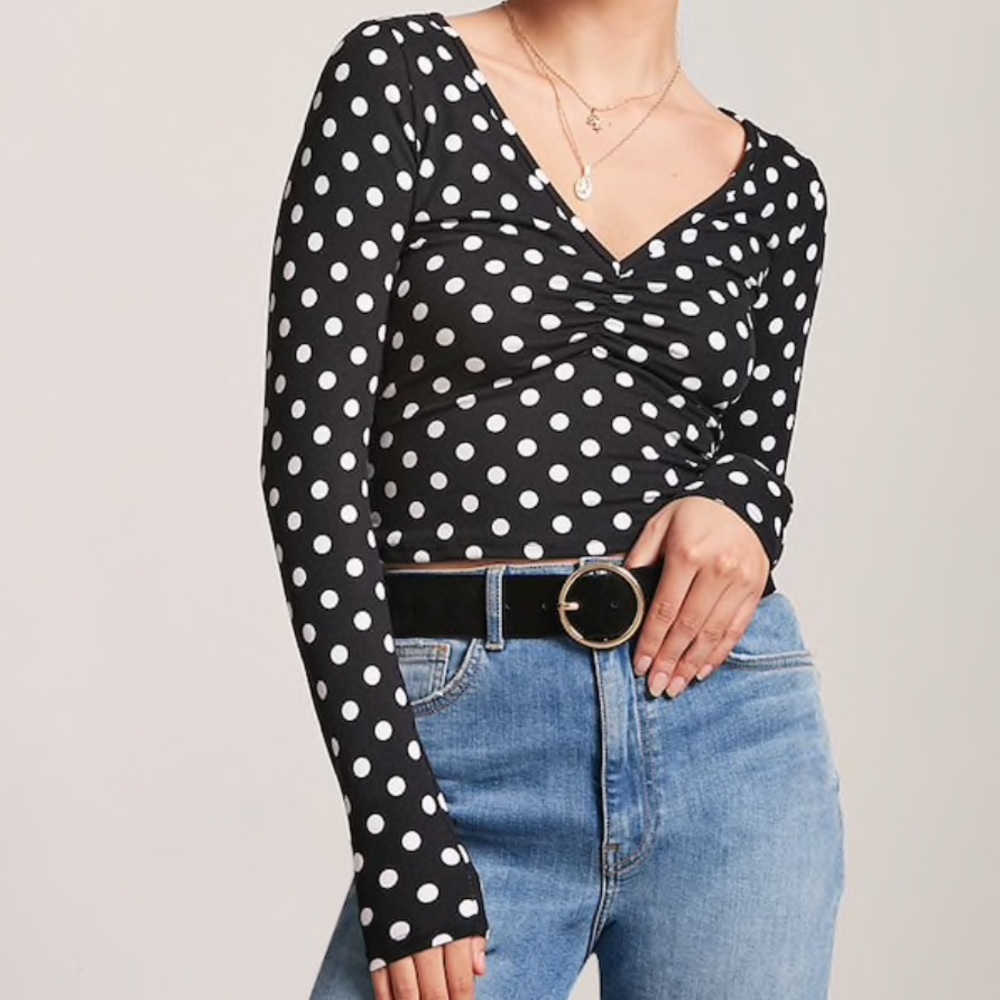 Ruched long sleeve polka dot top black white